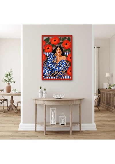 Gelincikler Ve Desenli Elbiseli Kadın Metal Tablo 34x50 Cm Çok Renkli