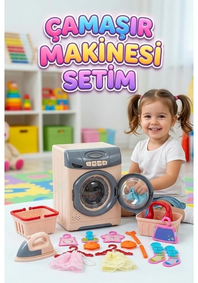 Işıklı Ve Sesli Çocuk Çamaşır Makinesi Minik Ev Hanımlarına Özel Eğitici Oyuncak Çamaşır Seti