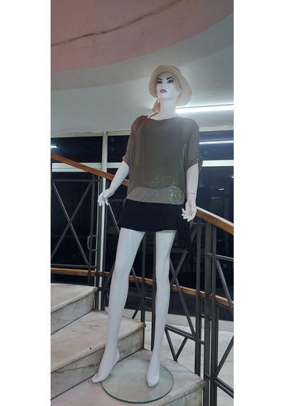 Bohem Stil İtalyan Yarasa Kollu Payetli İpek Bluz-9248 Haki