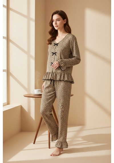 I-moda Kadın Uzun Kollu Leopar Desenli Fiyonklu Ev Giyim Pijama Takımı