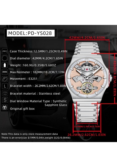 Pagani Design Pd-ys028 42mm 100m Su Geçirmez, İskelet Otomatik Safir Kristal Işıkl Full Çelik Lüks Erkek Kol Saati Bej Diğer