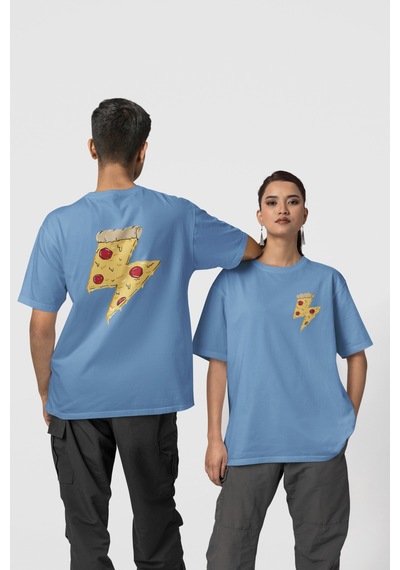 Pizza Ön-arka Baskılı %100 Pamuk Beyaz Kadın/erkek Unisex Rahat Kalıp Oversize T-shirt Mavi