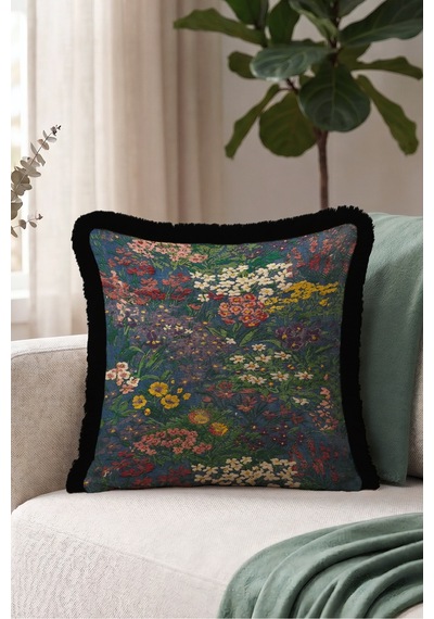 Çiçek Bahçesi Desenli Saçaklı Yastık Kılıfı - Floral Lacivert Yeşil Siyah Püsküllü Kırlent Kılıfı Buzlu Atlas Saten Çiçek Bahçesi Desenli Saçaklı Yastık Kılıfı - Floral Lacivert Yeşil Siyah Püsküllü Kırlent Kılıfı Buzlu Atlas Saten