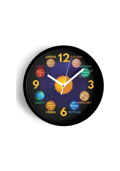 Güneş Ve Gezegenler Modern Tasarım Duvar Saati - 30cm - Önü Camlı Siyah Kasa - Sessiz Mekanizma-jh0735 Siyah