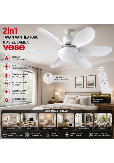 Kumandalı 2si1 Arada Tavan Vantilatör Avize 40w 6 Kanat