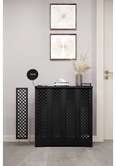 Dekoratif Petek Dolabı Kalorifer Peteği Kapatma Ünitesi Modern Tasarım İç Ölçü 76 Cm Dış Ölçü 80 Cm Petek 76 Siyah D7