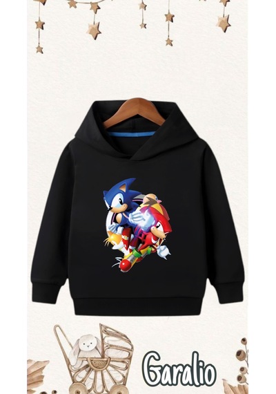 Startmore Sonic Baskılı Kapüşonlu Çocuk Sweatshirt Siyah