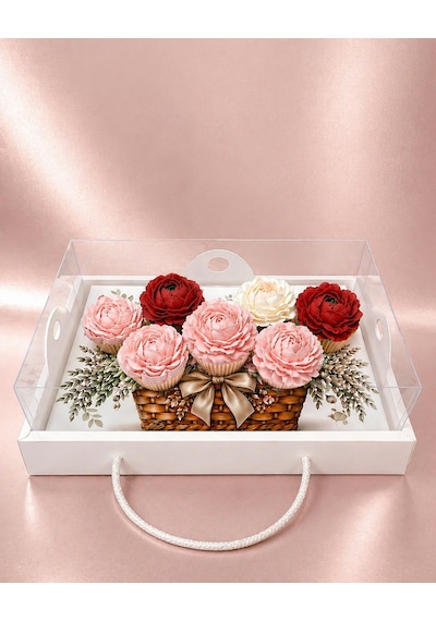 Cup Cake Çiçek Sepeti 7 Li Cupcake Kutusu 35x26x11