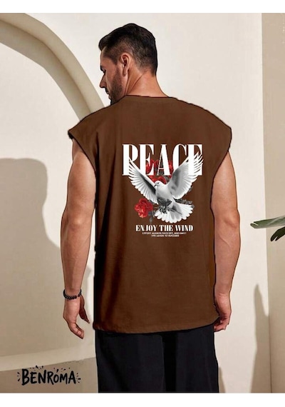 Peace Enjoy The Wind Güvercin Baskılı Kolsuz Tişört Kahverengi