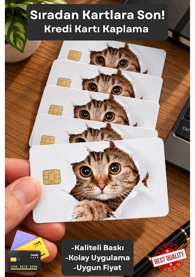 Sevimli Kedi Temalı Kart Sticker Çipli Kart Kaplama Dekoratif Kart Tasarımı Çok Renkli