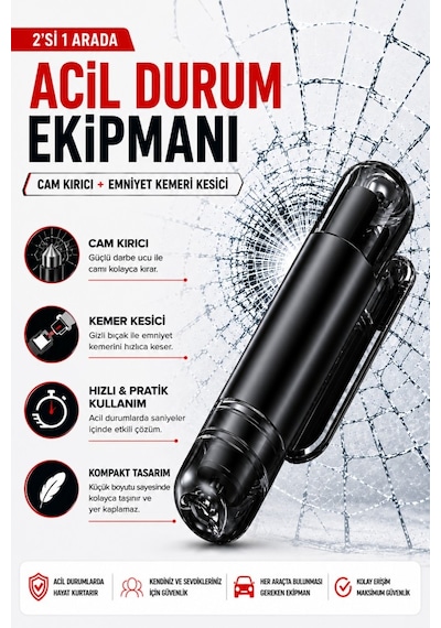 Polham 2in1 Arada Araç İçi Acil Durum Cam Kırıcı Ve Emniyet Kemeri Kesici Kompakt Oto Güvenlik Ve Acil Çıkış Aparatı