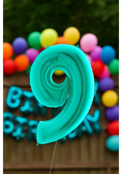 Folyo Balon Rakam Grabo 9 Rakamı Tiffany - Turkuaz Renkli 40 İnç 100 Cm Yaş Balonu Helyumla Şişebilen Çok Renkli