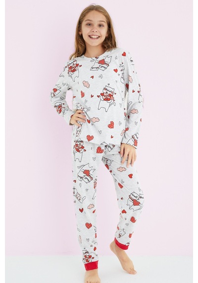 Siyah İnci Kız Çocuk Renkli Desenli Pamuklu Pijama Takım 24225705 Gri