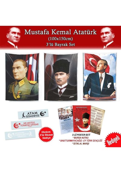 Gazi Mustafa Kemal Atatürk 1x1.5m Bayrak Set-3'lü Poster Ve Sticker Hediyeli-29 Ekim Bayram Kutlama 1