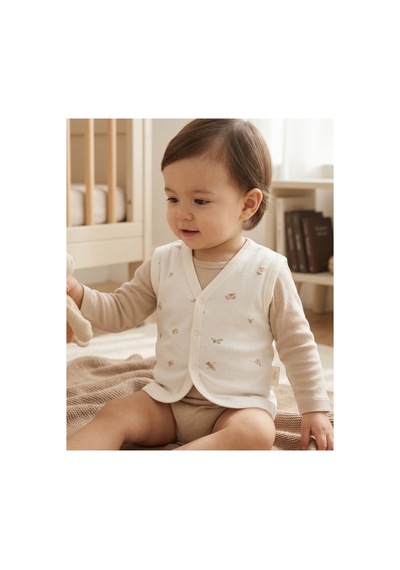Minory Baby - %100 Pamuk Bebek Yeleği Çiçek Motifli Beyaz Beyaz