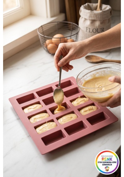 15'li Mini Kek Kalıbı Silikon Dikdörtgen Yapışmaz Kolay Çıkan Baton Financier Kalıbı 25x25 Cm Çok Renkli