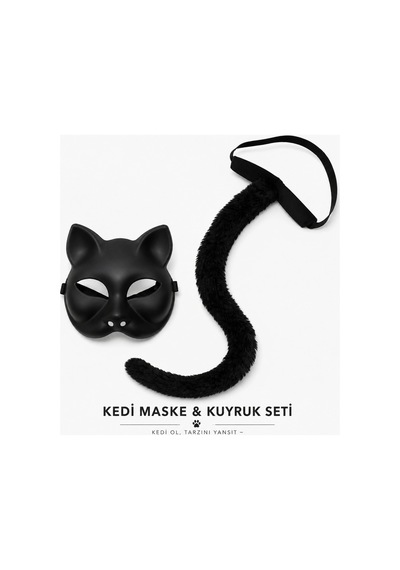 Siyah Kedi Maskesi Ve Peluş Kuyruk Kostüm Seti 70 Cm Bx40