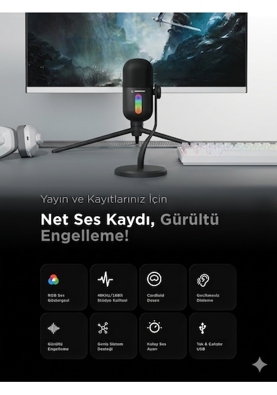 Arpej Rgb Masa Standlı Ses Göstergeli Dokunmatik Oyuncu Mikrofonu Yayıncı Mikrofonu Gaming Beyaz Siyah - ÜRün siyah