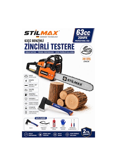 Stilmax STL5038D 63CC Benzinli Ağaç Kesme Motoru 50 CM Pala 38 Diş Zincirli Testere Seti + Balta