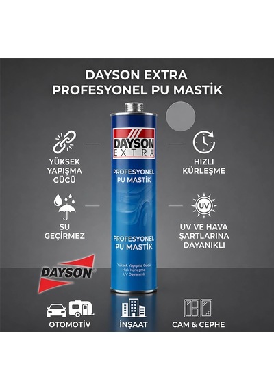 Dayson Extra Poliüretan Mastik Silikonize Yapıştırıcı, Gri Renk, 280 Ml Çok Renkli