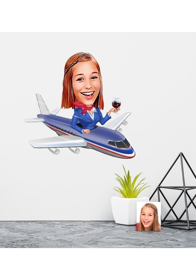 Kişiye Özel Uçuş Görevlisi Hostes Karikatürlü Duvar Sticker 50X7 N11.328