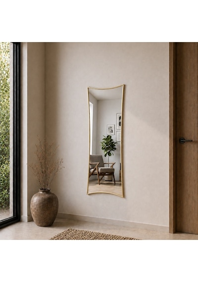 Modern Kavisli Boy Aynası 40x120 Cm Dalgalı Formlu Minimalist Dekoratif Duvar Aynası Altın