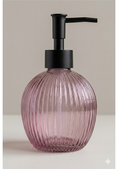Çizgili Yuvarlak Siyah Pompalı Cam Sıvı Sabunluk - 500ml - 16x10x10 Cm Pembe