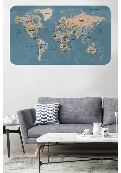 Türkçe Eğitici Ülke Ve Başkent Okyanus Detaylı Atlası Dünya Haritası Duvar Sticker-85x130-3836 Çok Renkli