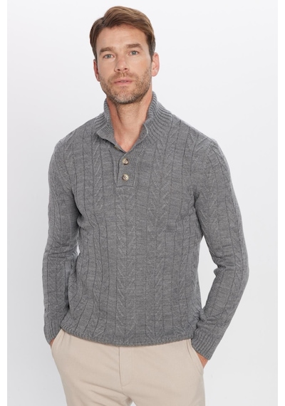 Tudors Erkek Slim Fit Dar Kesim Yumuşak Dokulu Desenli Dik Yaka Düğmeli Triko Gri Kazak-29887 Gri