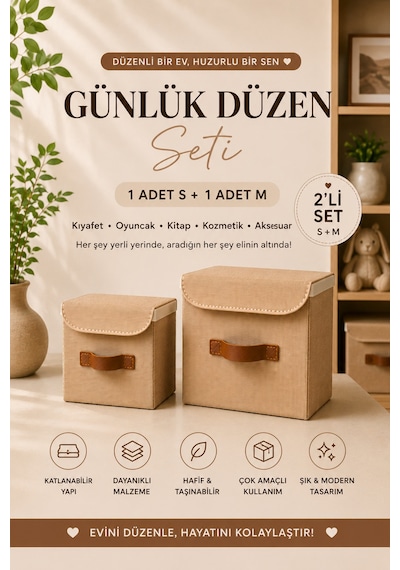 2li Kapaklı Jüt Organizer Kutu Seti 20x20x20 Cm - 25x25x25 Cm Katlanabilir Düzenleme Kutusu Organizer Seti Dolap, Raf Ve Banyo Düzeni İçin Doğal