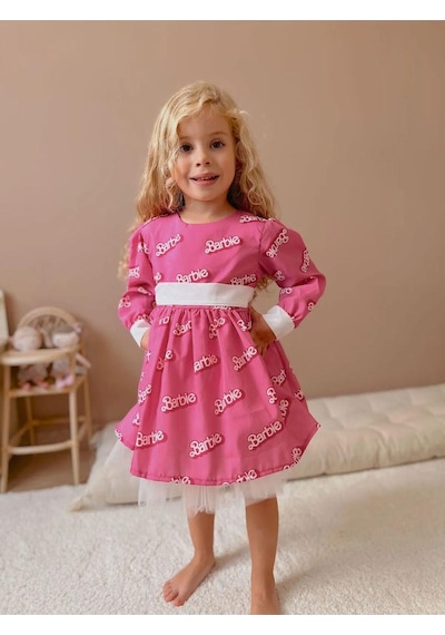 Magu Pembe Barbie Desenli Astarlı Beyaz Fiyonklu Elbise