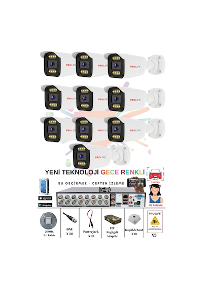 10 Kameralı Gece Renkli 8 Adet Warm Ledli Yeni Nesil 5 Mp Kuruluma Hazır Güvenlik Kamerası Seti