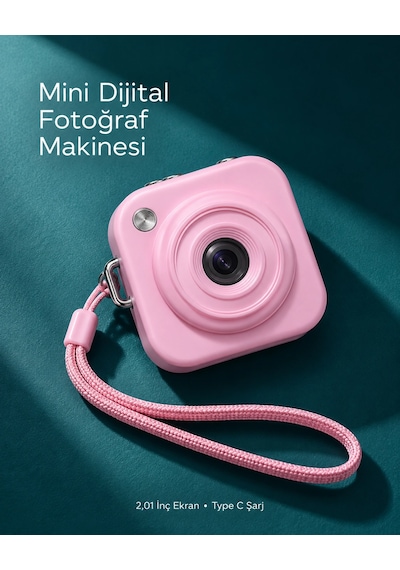 1. Cep Boy Pembe Dijital Fotoğraf Makinesi 2,01 İnç Ekran Ve Type C Şarj Standart