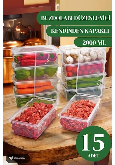 15 Adet 2 Lt. Kendinden Kapaklı Derin Dondurucuya Uygun Buzluk Saklama Kabı Düzenleyici 2000 M Şeffaf