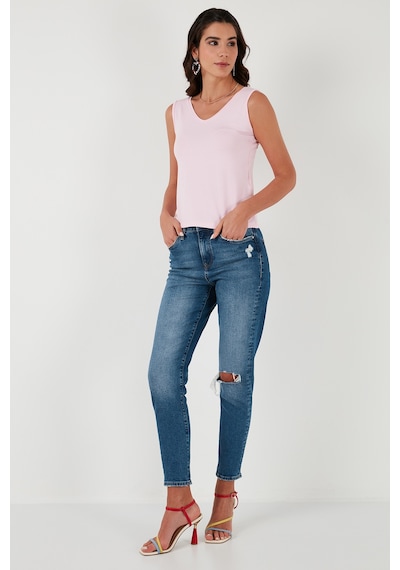 Lela Slim Fit V Yaka Kalın Askılı 2' Li Paket Bayan Bluz 5864384S2 Toz Pembe-Nar Çiçeği