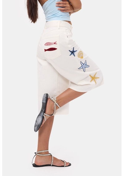 Itsbasic Kadın Kırık Beyaz 7s6-101 Palazzo Nakış Tasarım Bermuda Denim Jort