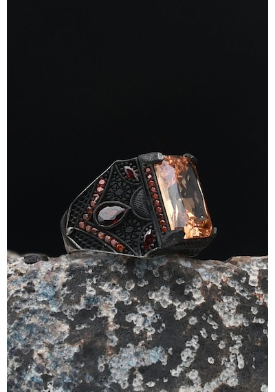 Şampanya Topaz Taşlı 925 Ayar Gümüş Erkek Yüzüğü Zirkon Taş Süslemeli 901476 Gümüş