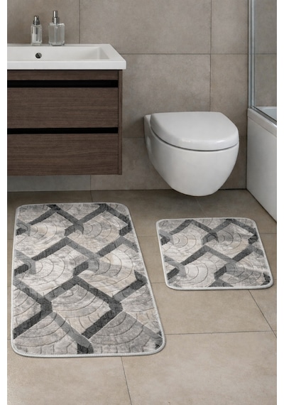 Kaymaz Tabanlı 2 Li Banyo Paspas Seti Yıkanabilir, Su Emici, Toz & Leke Tutmaz Oval Klozet Takımı Kapuçino