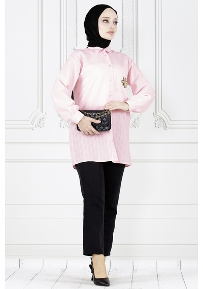 Sevitli Cebi Arı Detaylı Keten Tunik-pembe-3871-pembe Pembe