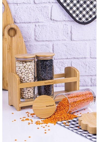 Bambum Paste - 4 Parça Standlı Vakumlu Kapaklı Baharatlık Seti Şeffaf