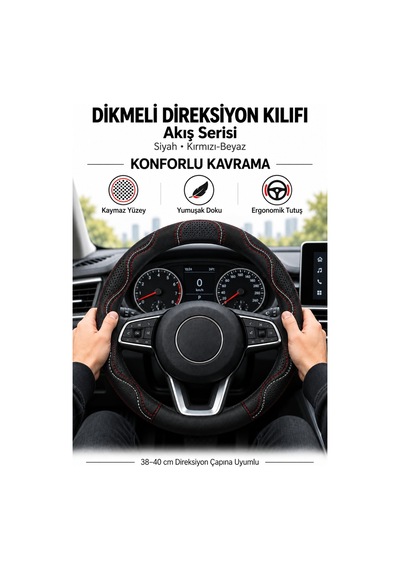 Trobus Ford Transit Connect 2002-2013 Uyumlu Dikmeli Direksiyon Kılıfı Akış Siyah Kırmızı-beyaz Siyah - Kırmızı-beyaz