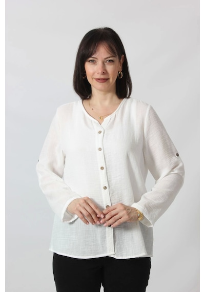 Moda Berray Bb-0269 Keten Kolu Apoletli Sıfır Yaka Büyük Beden Beyaz Gömlek Beyaz