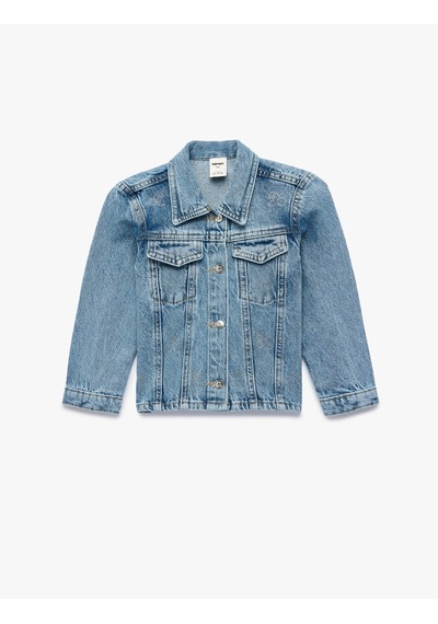 Koton Uzun Kollu Düğmeli Cepli Taş İşleme Detaylı Denim Ceket Orta İndigo 6smg60006ad