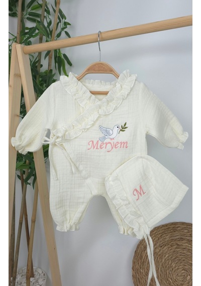 Gros Shop Müslin Yeni Doğan 4katlı Organik %100pamuk Kişiye Özgü Nakışlı Hastane Çıkış Seti Kuş Model-3 Ekru-1