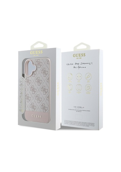 Apple Uyumlu iPhone 16 Kılıf Guess Lisanslı Pu Deri Şerit Logo Dizaynlı Kapak Pembe