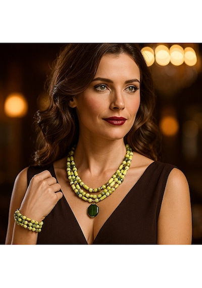 Peridot Ahşap Bolluk Ve  Kolye Bileklik Seti Çok Renkli