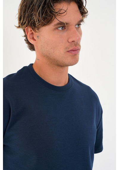Blank Unisex Oversize Geniş Kesim Tişört %100 Pamuk Kalın Dokulu Bisiklet Yaka T-shirt Indigo
