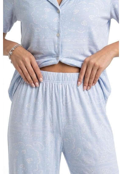 Relax Mode Kadın Nakış Desen Mavi Gömlek Pijama Takım - 26038r