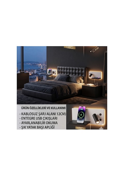 Çok Fonksiyonlu Yatak Başı Led Aplik Ve Duvar Lambası: Kablosuz Şarjlı, Ayarlanabilir Okuma Lambası, Usb Ve Type-c , Modern Beyaz Çok Fonksiyonlu Yatak Başı Led Aplik Ve Duvar Lambası: Kablosuz Şarjlı, Ayarlanabilir Okuma Lambası, Usb Ve Type-c , Modern Beyaz