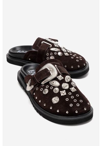 Luvishoes Maril Kahverengi Süet Hakiki Deri Kemerli Tokalı Burnu Kapalı Kadın Terlik Kahverengi
